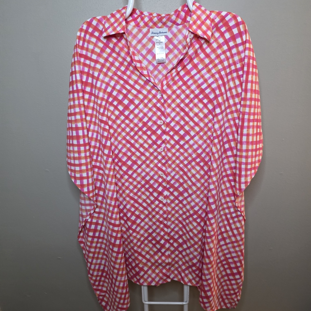Tommy Bahama Pink and White Gingham Boyfriend Tunic Shirt